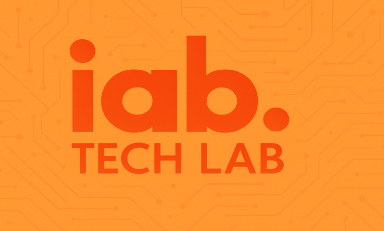 IAB Tech Lab logo in orange on a circuit board background.