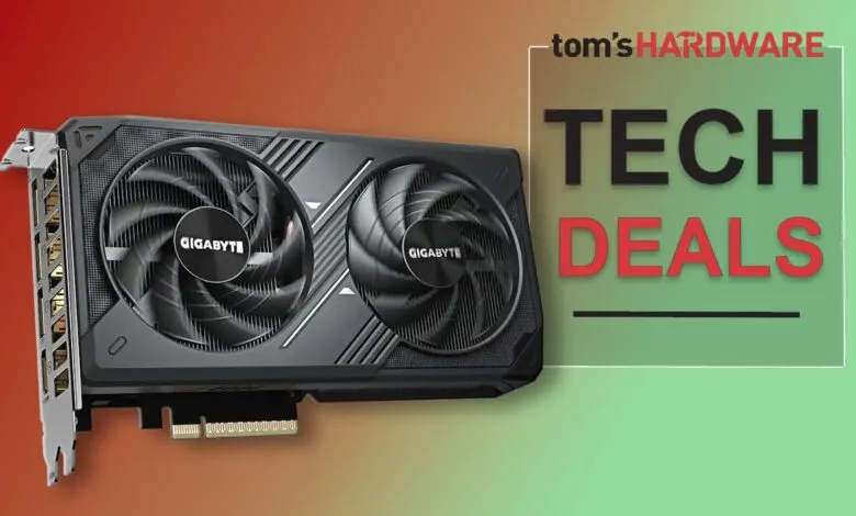 Gigabyte graphics card with two fans on a red and green background.