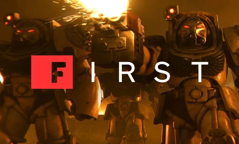 Warhammer 40K Space Marines firing weapons in a video game scene.