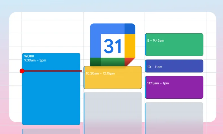 Google Calendar schedule grid with colorful time blocks and the app logo.
