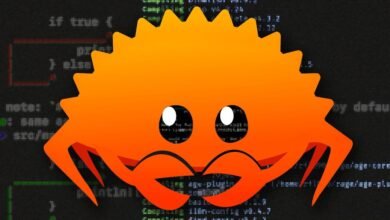 Orange Ferris the Crab logo for Rust programming language over code.