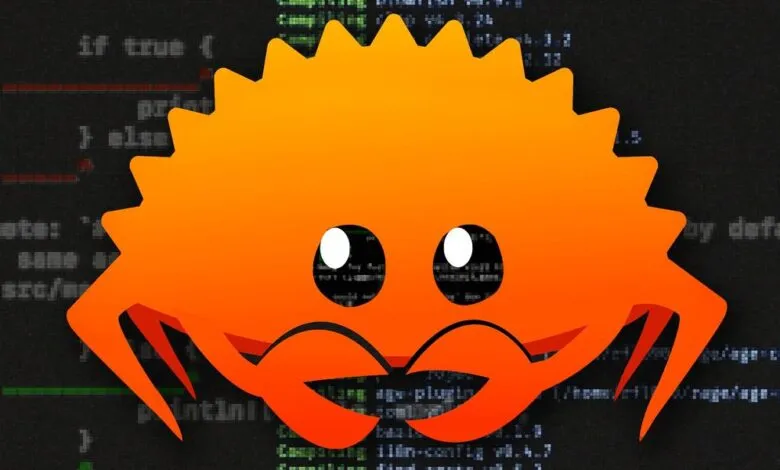Orange Ferris the Crab logo for Rust programming language over code.