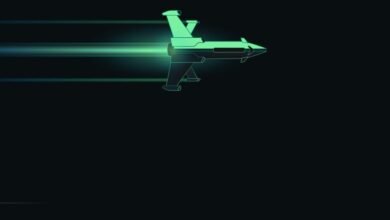 Green spaceship flies through dark space with glowing trail.