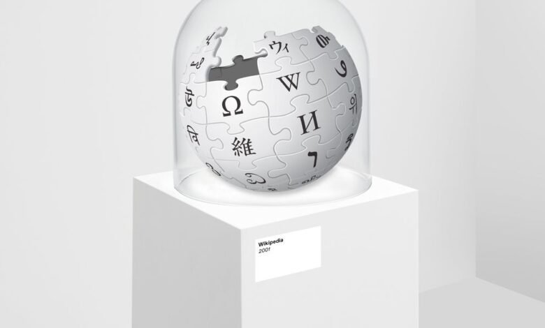 Wikipedia logo puzzle globe under glass dome on white pedestal.