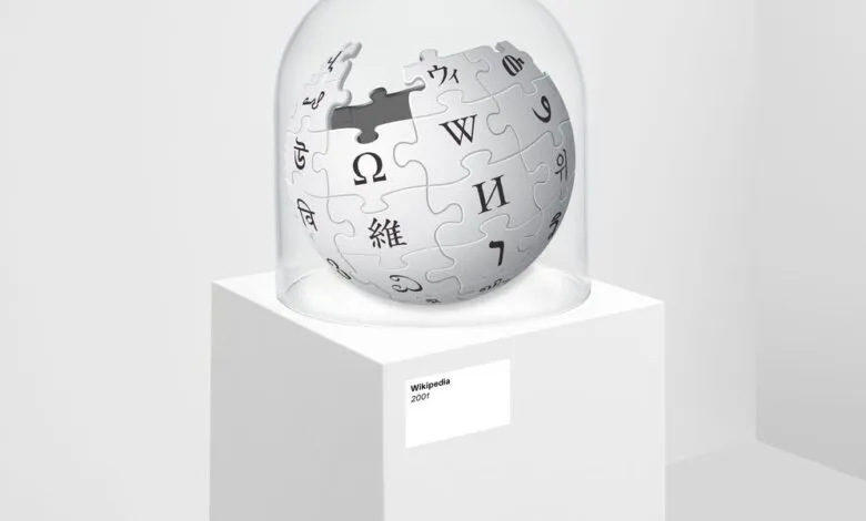 Wikipedia logo puzzle globe under glass dome on white pedestal.