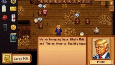 Stardew Valley mod featuring Donald Trump in a barn with sleeping animals.