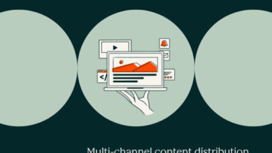 Illustration of a hand holding a laptop with content distribution icons.
