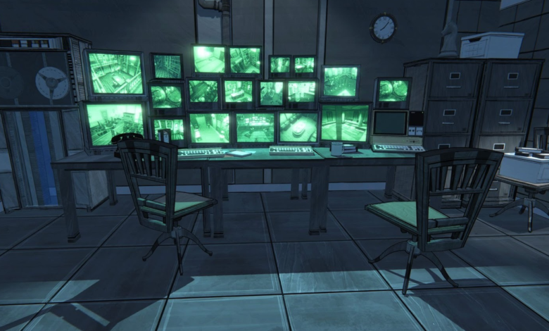 Surveillance room with multiple monitors displaying security footage.