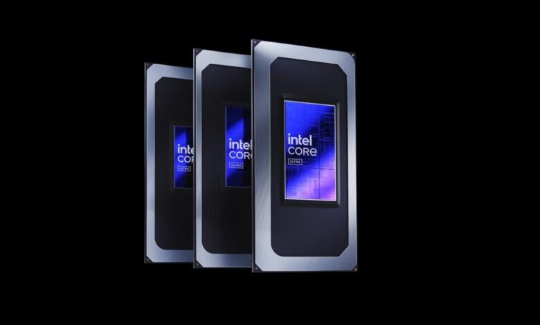 Three Intel Core Ultra processors displayed against a black background.