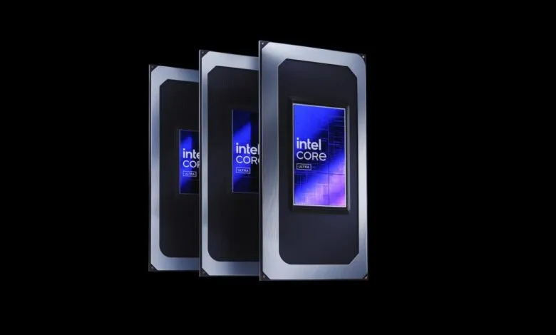 Three Intel Core Ultra processors displayed against a black background.