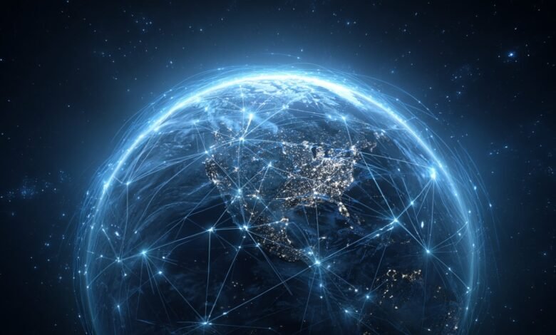 Earth with glowing network connections, showing North America at night.