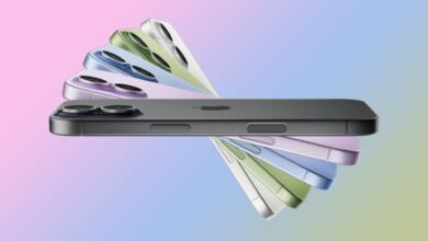 Stack of colorful iPhone models against a gradient background.