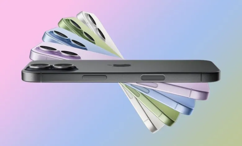 Stack of colorful iPhone models against a gradient background.