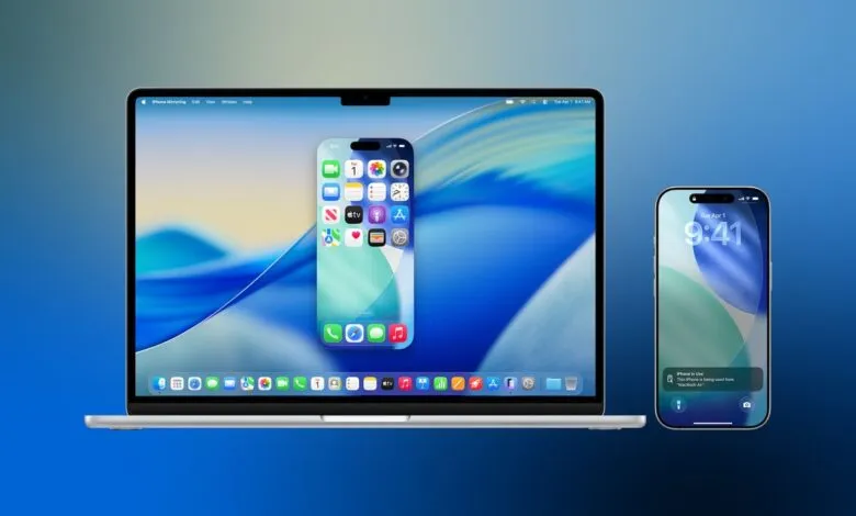 iPhone mirroring to MacBook Air, showing apps and notification.