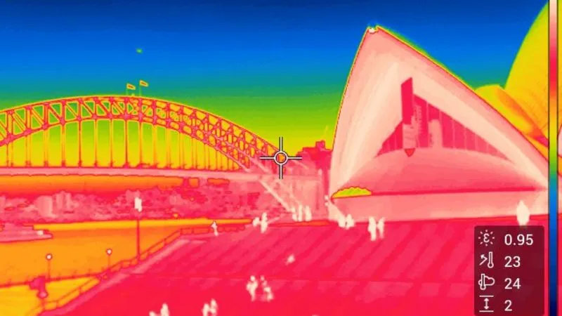 Thermal image of Sydney Opera House and Harbour Bridge.