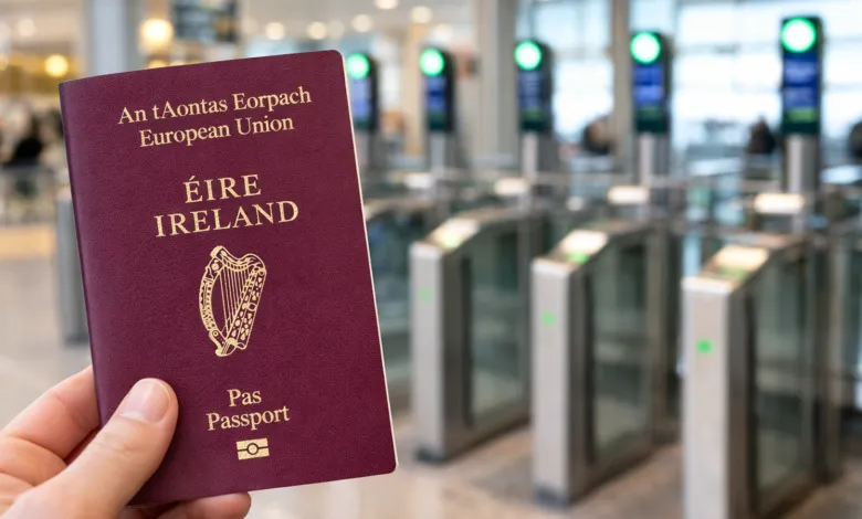 Close-up of an Irish passport held in front of airport security gates.