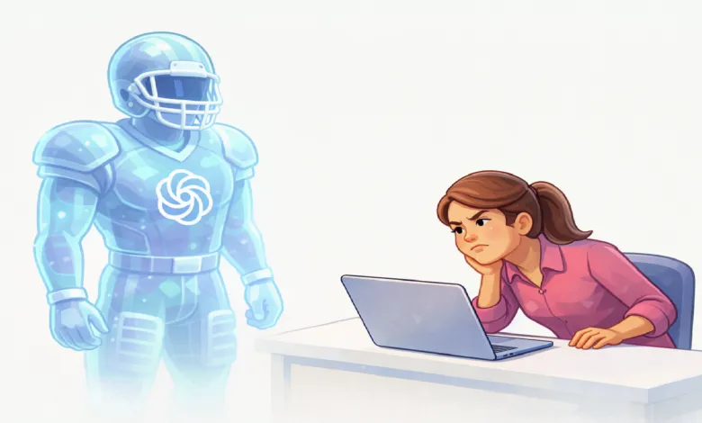 Woman at desk looks skeptically at AI football player.