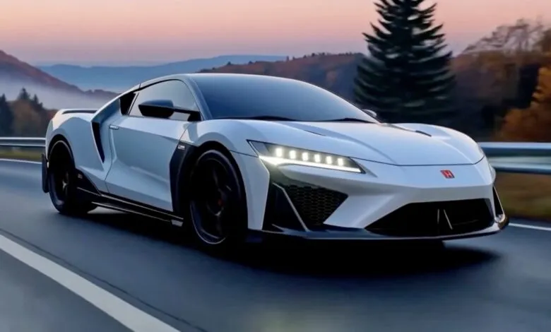 Sleek white Honda NSX concept car driving on scenic road.