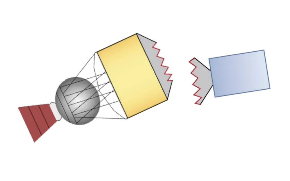 Abstract illustration of spacecraft docking with geometric shapes.