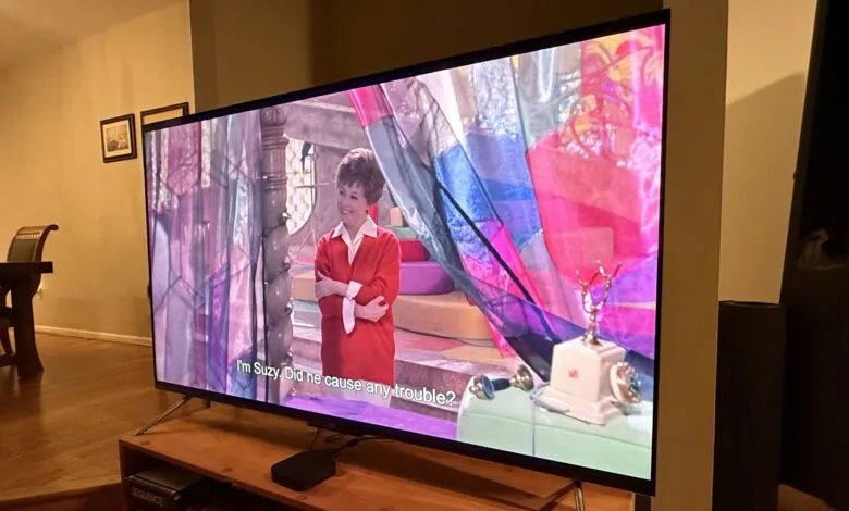 Large TV displaying a scene with actress Carol Burnett in a red dress.