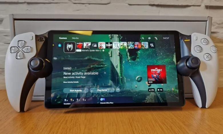 PlayStation Portal handheld console displaying Marvel's Spider-Man 2 game.