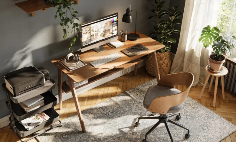Modern home office setup with wooden desk, computer, and plants.