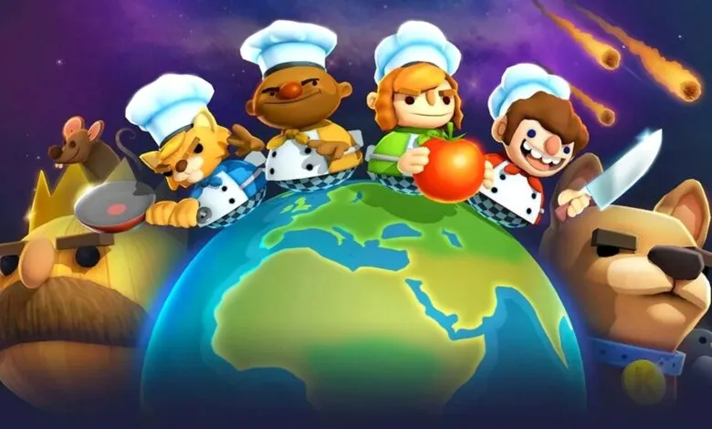 Overcooked 2 promotional art featuring chefs on Earth with meteors in space.