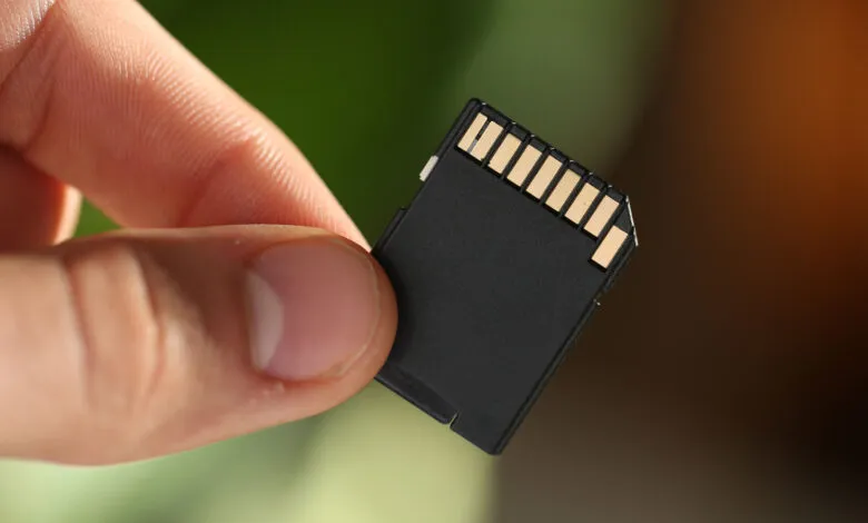 Hand holding a black SD card with gold connectors.