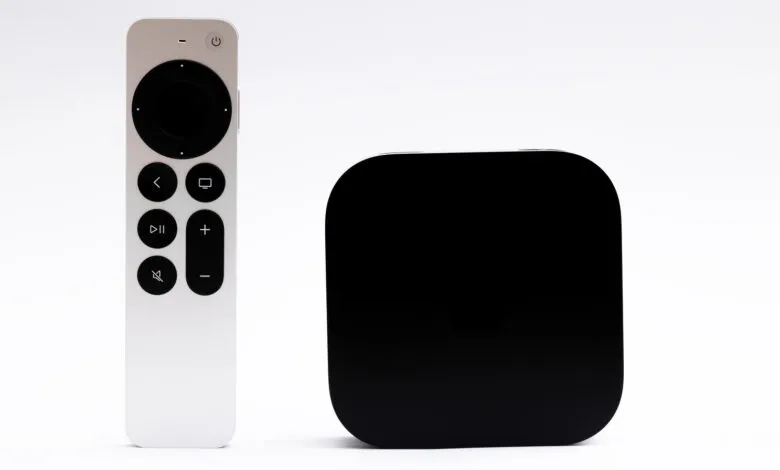 Apple TV 4K (3rd gen) with Siri Remote on a white background.