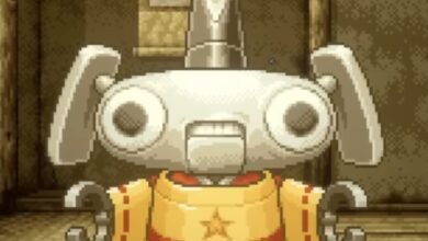Pixel art robot with large eyes and a star on its chest.