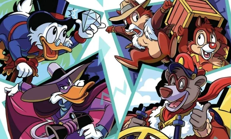 Cartoon image featuring Scrooge McDuck, Darkwing Duck, Chip, Dale, and Baloo.