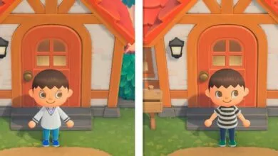 Animal Crossing character stands before house with different shirt options.