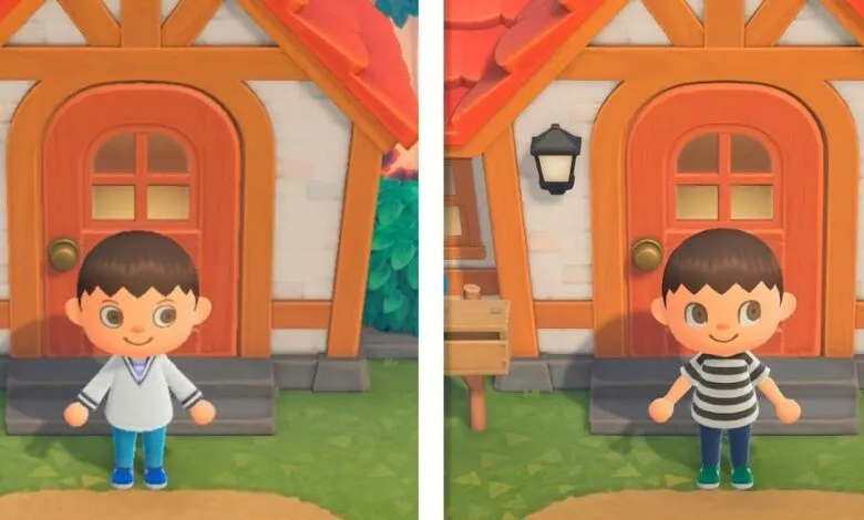 Animal Crossing character stands before house with different shirt options.