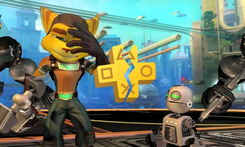 Ratchet and Clank with a broken PlayStation Plus logo in the background.