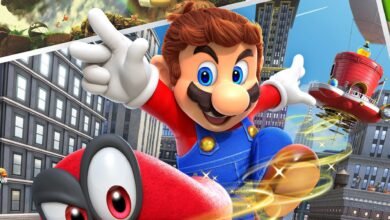 Mario leaps forward with Cappy in a vibrant, dynamic game scene.