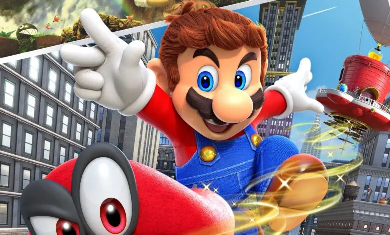 Mario leaps forward with Cappy in a vibrant, dynamic game scene.