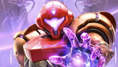 Samus Aran in Varia Suit with glowing hand, Metroid Dread