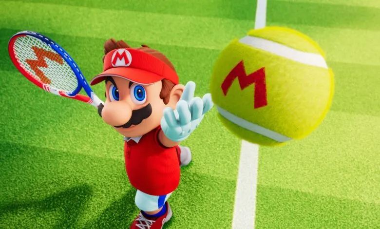 Mario from Super Mario playing tennis with racket and ball.