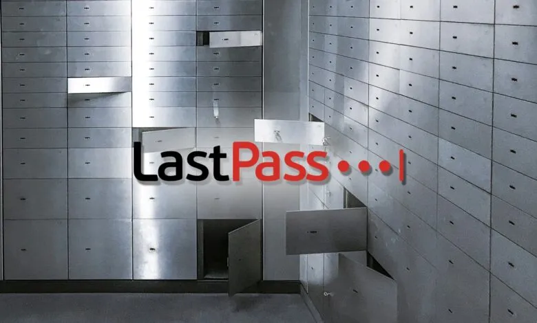 LastPass logo superimposed on a wall of open metal safety deposit boxes.