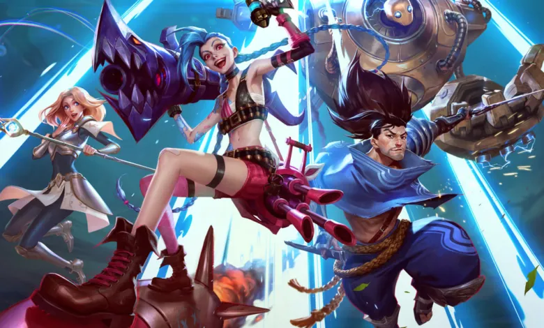 League of Legends characters Jinx, Lux, Blitzcrank, and Yasuo in action.