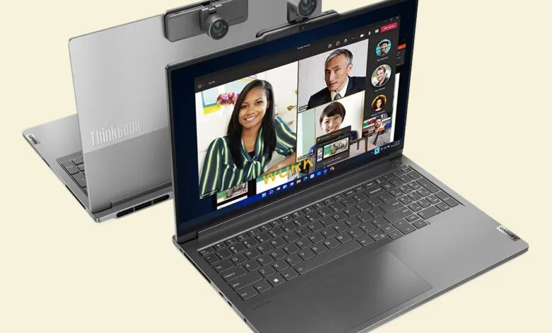 Lenovo ThinkBook laptop showing a video conference call.