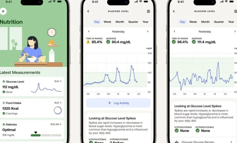 Screenshots of a nutrition and glucose level tracking app on an iPhone.