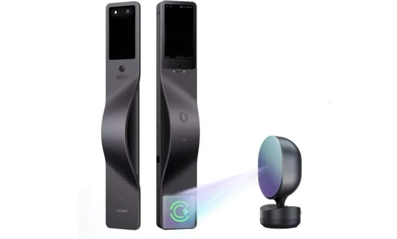 Two sleek smart door locks and a camera on a white background.