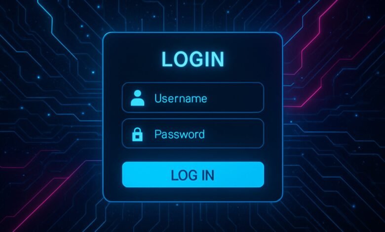 Login screen with username, password fields, and login button.