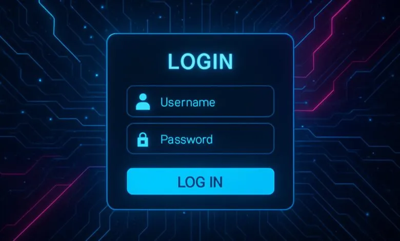 Login screen with username, password fields, and login button.
