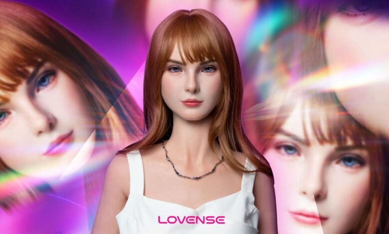 Realistic female doll with auburn hair and blue eyes in white dress.