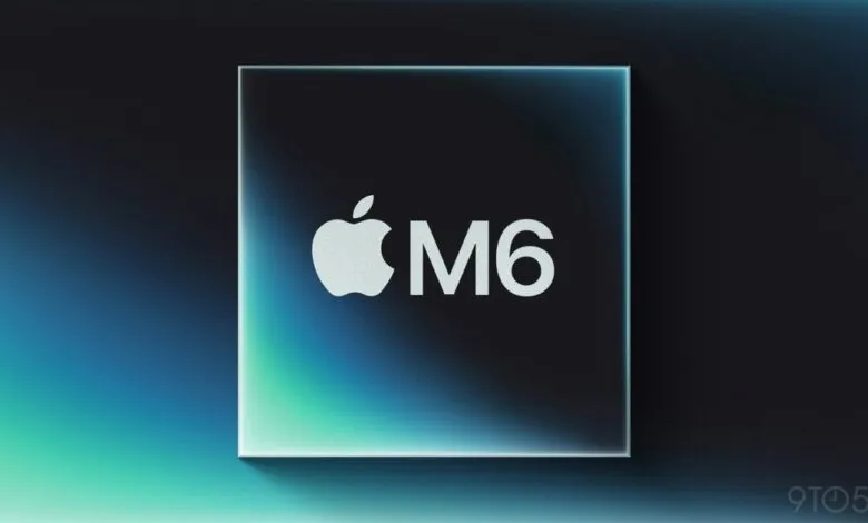 Apple M6 chip design with logo on a gradient background.