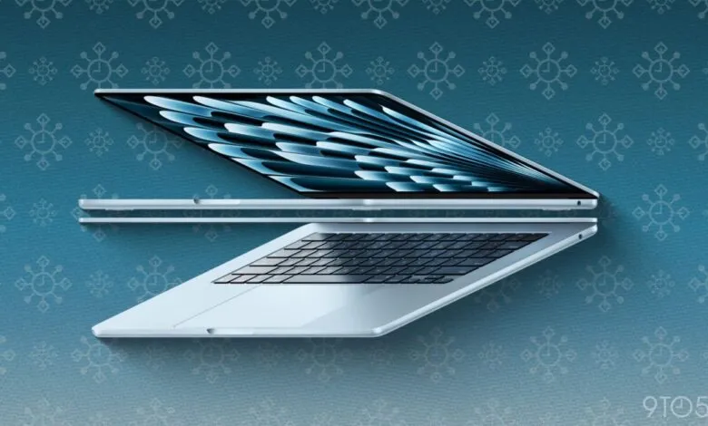 Three silver Apple MacBooks arranged on a blue patterned background.