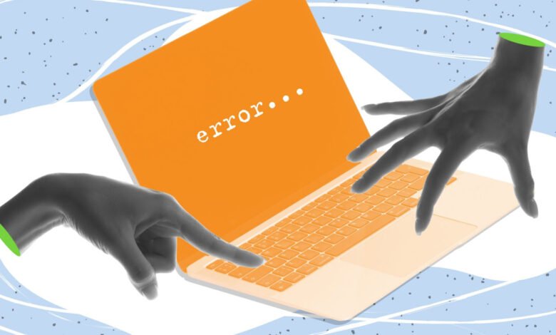Stylized laptop with error message and disembodied hands.