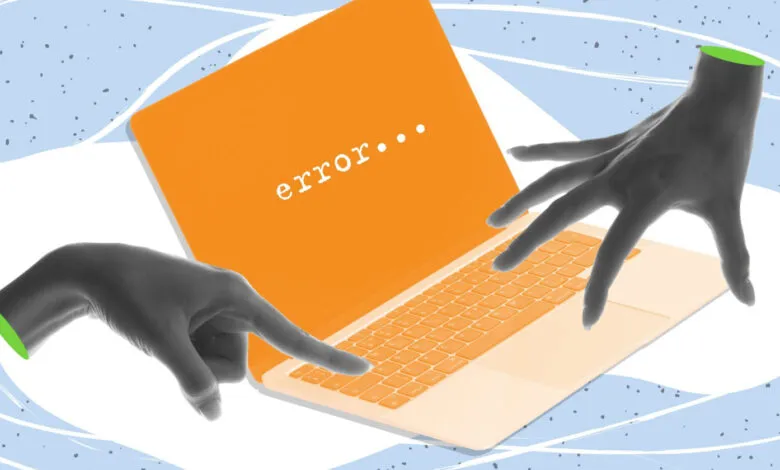 Stylized laptop with error message and disembodied hands.